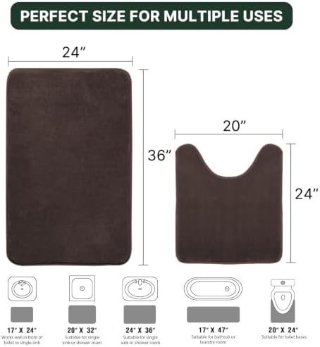 H.VERSAILTEX Bath Mat Memory Foam Set Bathroom Rug Set Flannel Velvety Bath Mat Luxury Extra Soft and Absorbent Non Slip Rugs for Bathroom/Bedroom Washable(Curved Set 24"x 36" Plus 20"x 24"U, Brown)
