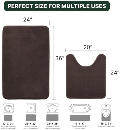 H.VERSAILTEX Bath Mat Memory Foam Set Bathroom Rug Set Flannel Velvety Bath Mat Luxury Extra Soft and Absorbent Non Slip Rugs for Bathroom/Bedroom Washable(Curved Set 24"x 36" Plus 20"x 24"U, Brown)