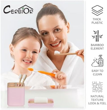 CERBIOR Bamboo Bathroom Accessories Set 6 Piece Bath Ensemble（Pink）