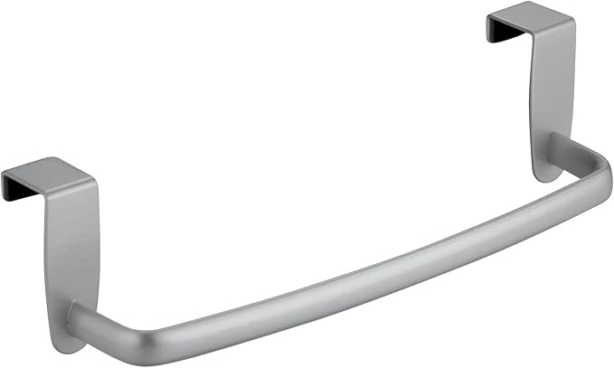 mDesign Steel Metal Wire Over Cabinet Towel Rack Storage Organizer - Hang on Cabinet or Door - Towel Bar Holder for Kitchen - Holds Hand Towels, Washcloths - Spira Collection - Silver