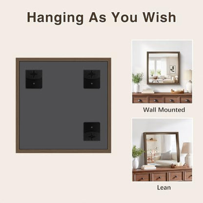 Bathroom Mirror, 24 x 24 inch Walnut Wood Grain Colored Aluminum Metal Frame Bathroom Vanity Mirror, Square Wall Mirror for Bedroom Living Room, Tempered Glass, Anti-Rust