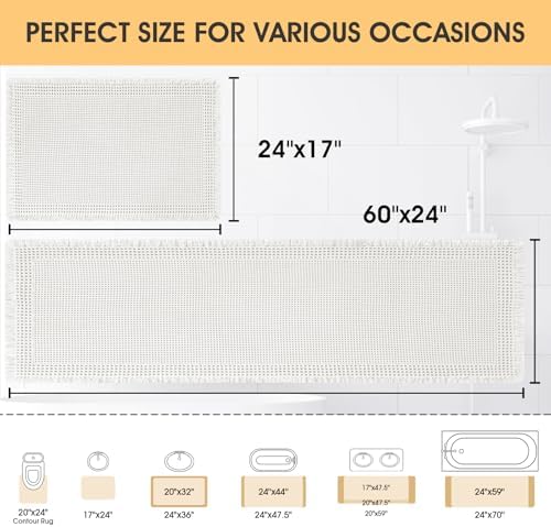 Upgrade Waffle Bath Mat Set 2 Piece, Boho Bathroom Rugs Absorbent Non Slip, Ultra Soft Bathroom Mat, Machine Washable Knit Bath Rugs with Border for Bathroom, Bedroom, Kitchen, Shower, Tub, White