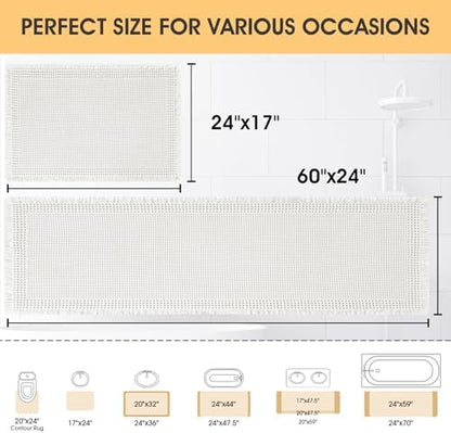 Upgrade Waffle Bath Mat Set 2 Piece, Boho Bathroom Rugs Absorbent Non Slip, Ultra Soft Bathroom Mat, Machine Washable Knit Bath Rugs with Border for Bathroom, Bedroom, Kitchen, Shower, Tub, White