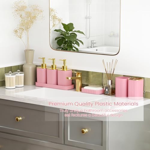Bathroom Set - Bathroom Accessory Set, Pink Bathroom Set, 26PC Bathroom Sets with Shower Curtain and Rugs, Toilet Brush, Trash Can, Qtip Holder & Bathroom Soap Dispenser Set