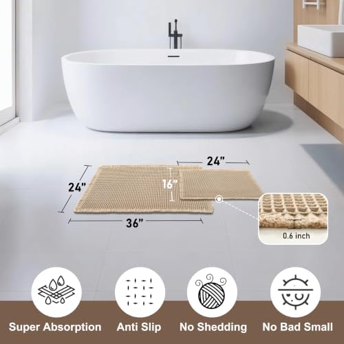 JIUZHEN Set of 2 Waffle Bathroom Rugs Boho Bath Mats 16"x24"+24"x36" Brown