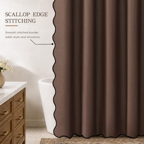 Furlinic Scalloped Shower Curtain No Hook Brown Waterproof W78 x H75 Fabric