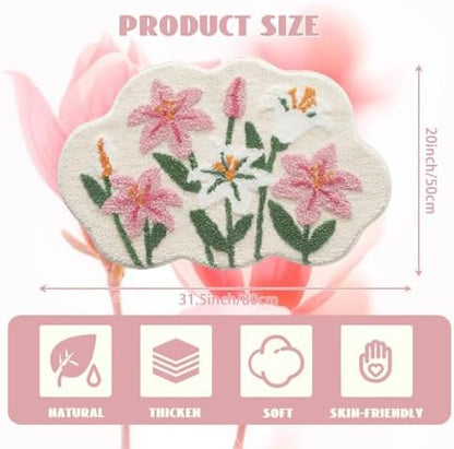 Cloud-Shaped Lily Bath Mat, Soft Non-Slip Fluffy Fresh Flowers Bathroom Rug, Ultra Absorbent Microfiber Shaggy Door Mat, Machine Washable Bath Rug Carpet for Bathtub Bedroom 20x31 Inch (White)