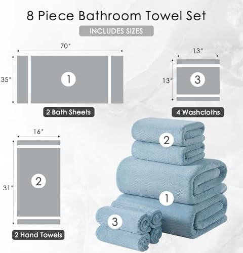 8 Piece Bath Towel Set |2 Oversized Large Bath Sheet,2 Hand Towels,4 Washcloths| Ultra Soft Bath Towel Set for Bathroom Hotel Gym Spa,Highly Absorbent Quick Dry Bathroom Towel Collections,Turquoise