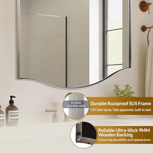 ANDY STAR Brushed Nickel Bathroom Mirror, 20"x30" Scalloped Wall Mirror in Stainless Steel Metal Frame, Unique Vanity Mirror with Modern Curved Edge Design, Ideal for Bathroom, Bedroom, Entryway