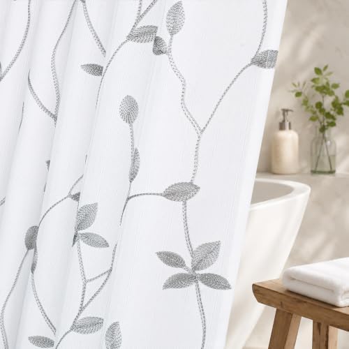 Embroidered Leaf Farmhouse Shower Curtain,Faux Linen,72Wx72L,White Grey