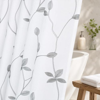 Embroidered Leaf Farmhouse Shower Curtain,Faux Linen,72Wx72L,White Grey