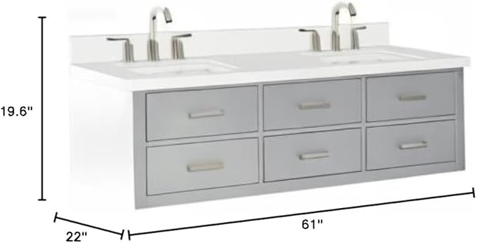 ARIEL Hutton 60-inch Bathroom Vanity with Sink,Solid Wood, 1.5-inch Pure White Quartz Countertop & Backsplash, Double Rectangular Porcelain Sink, 3 Dovetail Drawers, Grey