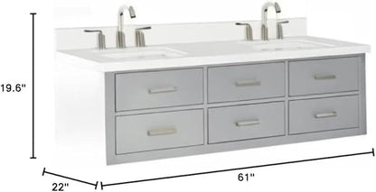 ARIEL Hutton 60-inch Bathroom Vanity with Sink,Solid Wood, 1.5-inch Pure White Quartz Countertop & Backsplash, Double Rectangular Porcelain Sink, 3 Dovetail Drawers, Grey