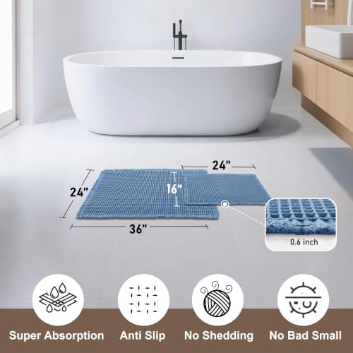 JIUZHEN Set of 2 Waffle Bathroom Rugs Boho Bath Mats 16"x24"+24"x36", Blue