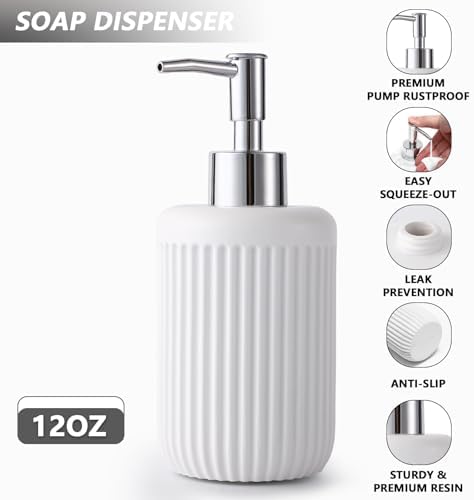XLHOMO Resin White Bathroom Accessories Set 5 Pcs, Lotion Soap Dispenser, Toothbrush Holder, Bathroom Tumbler, Qtip Holder and Vanity Tray, Bathroom Countertop Organizer Set for Modern Home Apartment