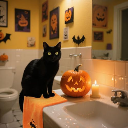 JarThenaAMCS 3Pcs Halloween Hand Towels Black Cat Pumpkin Cotton Embroidered Bathroom Towel Orange Absorbent Bath Towel for Hand Drying Cleaning Cooking Kitchen Decor, 29.5 x 13.7 Inch