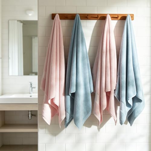COZYART Luxury Bath Towels 4 PCS, 650 GSM Turkish Cotton, Pink+Light Blue