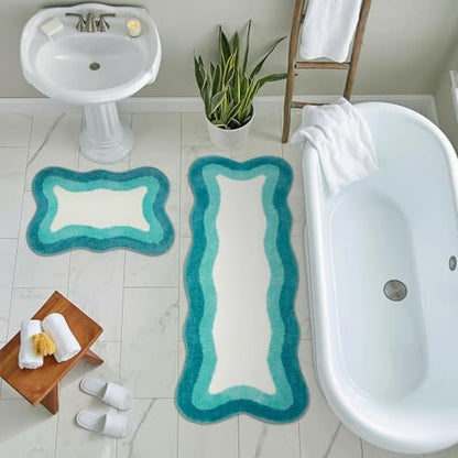 HAOCOO Irregular Shape Bathroom Rug Runner, 18x47 inch Soft Aqua Gradient Non Slip Bathtub Mat,Microfiber Washable Runner Rug Room Decor Aesthetic Carpet for Doormat Tub Bedside Bathroom Decor