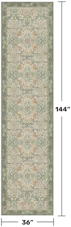 12ft Extra Long Vintage Runner Rugs for Hallways - 3x12 Wide Kitchen Runners, Entryway Rug, Sage Boho Design with Flowers and Leaves, Washable Non Slip Low Pile