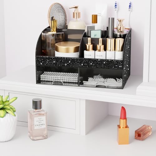 Bling Makeup Organizer with Drawers, Cosmetic Storage for Dresser Vanity and Bathroom Countertop, Beauty Holder for Lipstick Brush, Skincare Organizer for Vanity, Cosmetic Display Case Bling Black