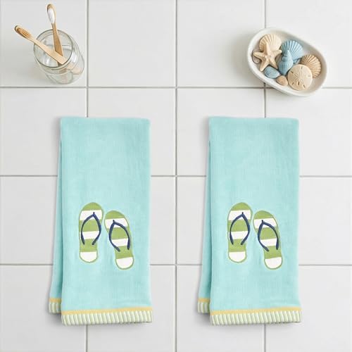 Ritz 2-Piece Cotton Velour Bathroom Hand Towel Set, Embroidered Striped Flip Flops Design, Soft Aqua Coastal Towels for Beach House, Pool, or Spa Decor, 16” x 26”