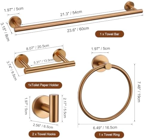 TURS Brushed Rose Gold 5 Piece Bathroom Hardware Set, SUS304 Stainless Steel Bath Towel Bar Set, Round Bathroom Accessories Kit Wall Mounted 23.6 Inch