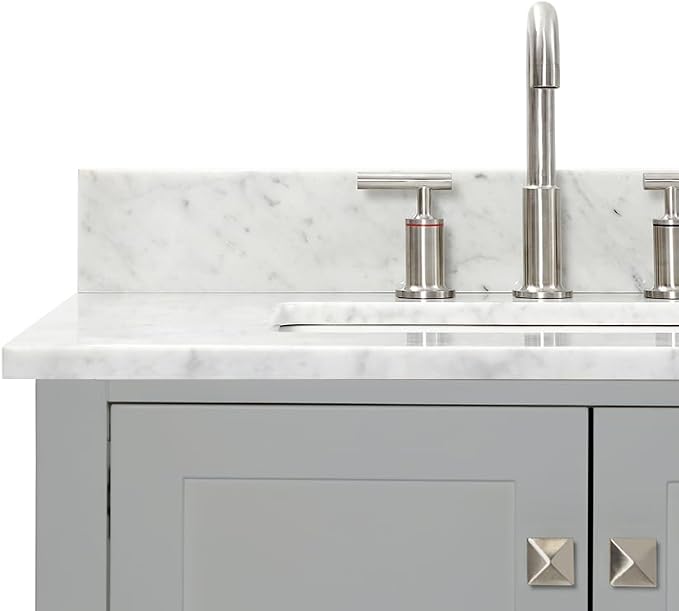 ARIEL Cambridge 72-inch Bathroom Vanity with Sink,Solid Wood, 0.75-inch Italian Carrara Marble Countertop, Double Rectangular Porcelain Sink, 4 Soft Closing Doors, 6 Dovetail Drawers, Grey