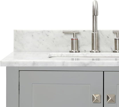 ARIEL Cambridge 72-inch Bathroom Vanity with Sink,Solid Wood, 0.75-inch Italian Carrara Marble Countertop, Double Rectangular Porcelain Sink, 4 Soft Closing Doors, 6 Dovetail Drawers, Grey