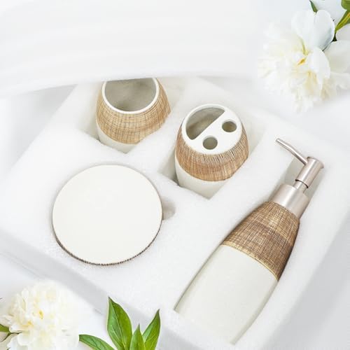 CERBIOR Bathroom Accessories Set,4 PCS Ceramic Bath Accessory,Brown White