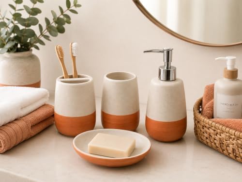 4 Piece Ceramic Bathroom Accessories Set, Soap Dispenser, Toothbrush Holder, Tumbler and Soap Dish, Speckled White & Terracotta Bathroom Counter Set, Modern Boho Farmhouse Decor 2. Product Description
