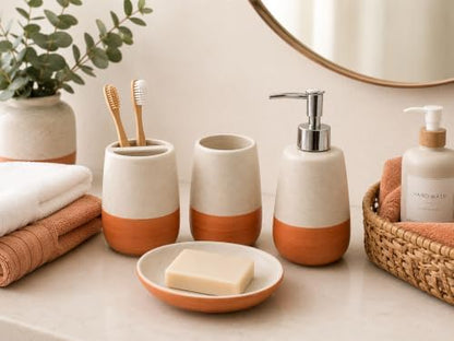 4 Piece Ceramic Bathroom Accessories Set, Soap Dispenser, Toothbrush Holder, Tumbler and Soap Dish, Speckled White & Terracotta Bathroom Counter Set, Modern Boho Farmhouse Decor 2. Product Description