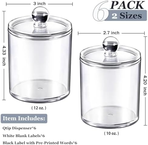 SheeChung 6 Pack Acrylic Qtip Holder with Labels, Qtip Jars for Bathroom