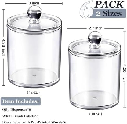 SheeChung 6 Pack Acrylic Qtip Holder with Labels, Qtip Jars for Bathroom