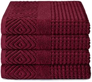 Texere 100% Organic Cotton Jacquard Towel Sets (Diamond, Merlot, 4 Bath Towels)