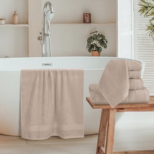 Belizzi Home 8 Piece Towel Set 100% Ring Spun Cotton, 2 Bath Towels 27x54, 2 Hand Towels 16x28 and 4 Washcloths 13x13 - Ultra Soft Highly Absorbent Machine Washable Hotel Spa Quality - Tan