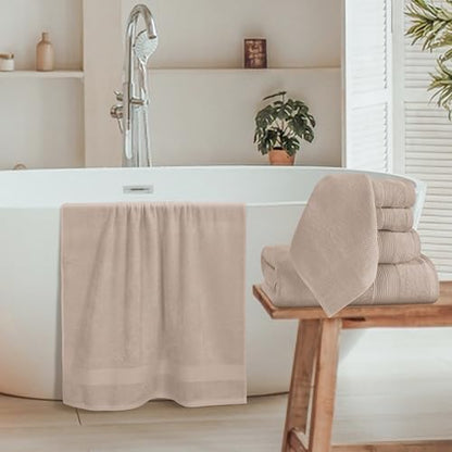 Belizzi Home 8 Piece Towel Set 100% Ring Spun Cotton, 2 Bath Towels 27x54, 2 Hand Towels 16x28 and 4 Washcloths 13x13 - Ultra Soft Highly Absorbent Machine Washable Hotel Spa Quality - Tan