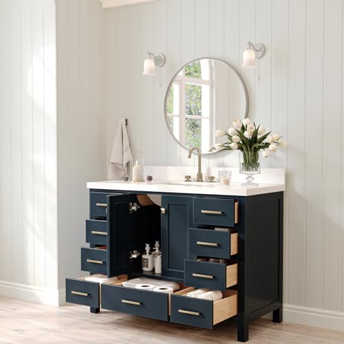 ARIEL Cambridge 48-inch Bathroom Vanity with Sink,Solid Wood, 1.5-inch Pure White Quartz Countertop, Single Rectangular Porcelain Sink, 2 Soft Closing Doors, 9 Dovetail Drawers, Midnight Blue