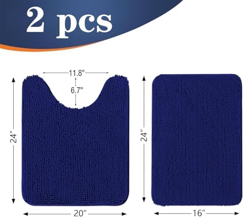 OLANLY Chenille Bathroom Rugs Mats Sets 2 Piece, 24"x16"+24"x20", Navy