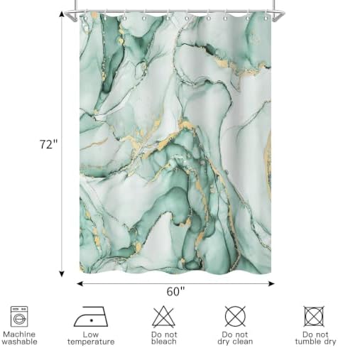 Mint Green Marble Shower Curtain Modern Abstract Luxury Gold Ink Texture Ombre Watercolor Bathroom Curtain Set with Hooks Soft and Lightweight Waterproof Fabric Machine Washable 60" Wx72 L