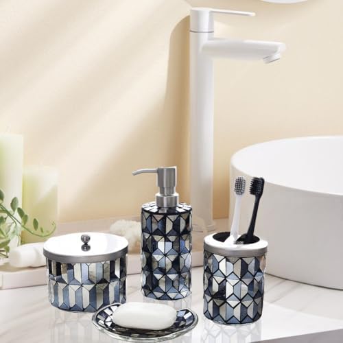 Escenzy Black Gold Bathroom Accessories Set 4 Pcs | Handcrafted Mosaic Glass Soap Dispenser, Toothbrush Holder, Cotton Jar, Soap Tray | Luxury Black Gold Bathroom Decor | Glam Home Gift