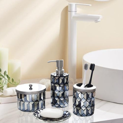 Escenzy Black Gold Bathroom Accessories Set 4 Pcs | Handcrafted Mosaic Glass Soap Dispenser, Toothbrush Holder, Cotton Jar, Soap Tray | Luxury Black Gold Bathroom Decor | Glam Home Gift