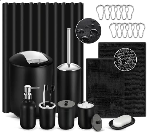 Black Bathroom Accessories Set, 22Pcs Bathroom Sets with Shower Curtain and Rugs, Bathroom Accessories Sets Complete with Trash Can, Non-Slip Bathroom Rugs Super Absorbent