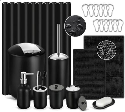 Black Bathroom Accessories Set, 22Pcs Bathroom Sets with Shower Curtain and Rugs, Bathroom Accessories Sets Complete with Trash Can, Non-Slip Bathroom Rugs Super Absorbent