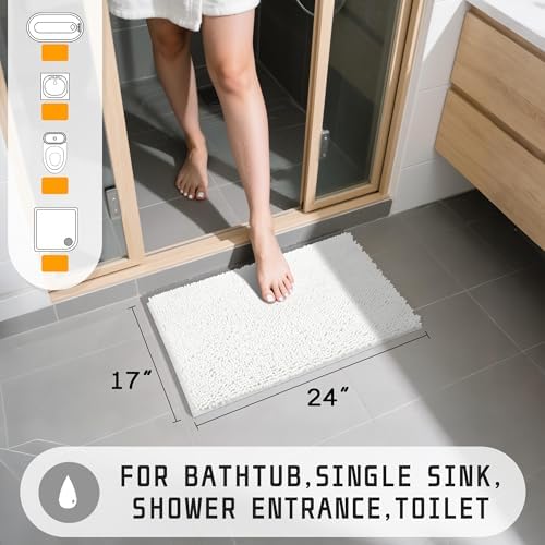 Yimobra Washable Bathroom Rugs, Super Soft & Absorbent Chenille Bath Mat for Floor & Carpet, Quick Dry Non Slip Bath Mat for Tub Shower, 24" x 17",White