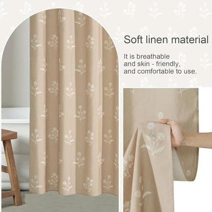 ORTIGIA Cottage Core Neutral Shower Curtain Linen Farmhouse Vintage Floral Block Print Shower Curtains Set Boho Rustic Decor for Bathroom 72 W x 72 L