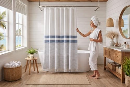 Serafina Home Nautical Striped Blue, Gray & White Cotton Shower Curtain