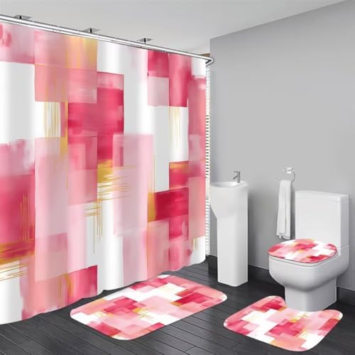 Yddsky 4 Pcs Pink Geometric Shower Curtain Set with Rugs Bathroom Set