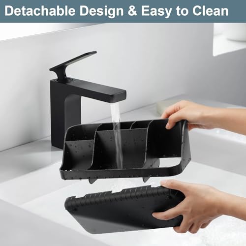 GFWARE Black Toothbrush Holder - 7 Slots Bathroom Organizer Countertop with Drainage Matte Black Electric Toothbrush and Toothpaste Holder for Bathroom Accessories Organization Vanity Sink Storage