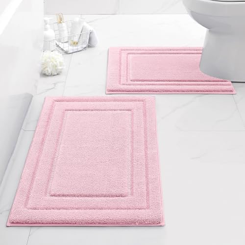 HOMEIDEAS Bathroom Rugs Sets 2 Piece, Super Soft and Absorbent Non Slip Microfiber U-Shaped Toilet Bath Mat Set (20"x32"+U20 x24, Light Pink)