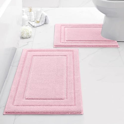 HOMEIDEAS Bathroom Rugs Sets 2 Piece, Super Soft and Absorbent Non Slip Microfiber U-Shaped Toilet Bath Mat Set (20"x32"+U20 x24, Light Pink)